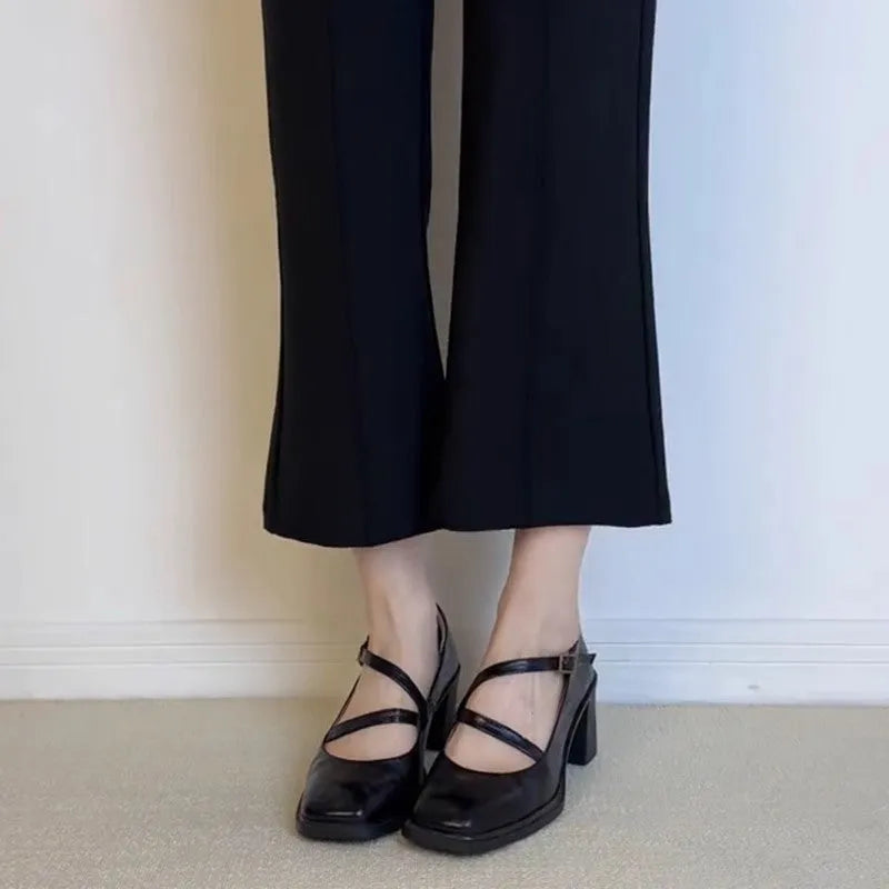Square toe Mary Jane shoes for women black chunky heel low-cut cowhide leather