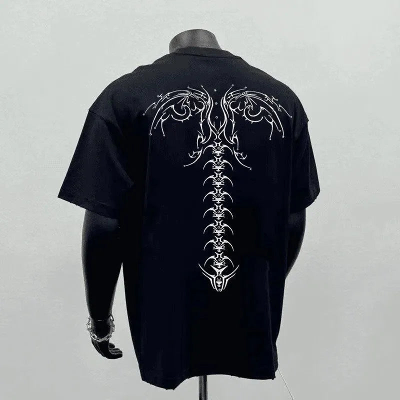 Men's loose fit pure cotton short sleeve shirt in black, showing printed design.