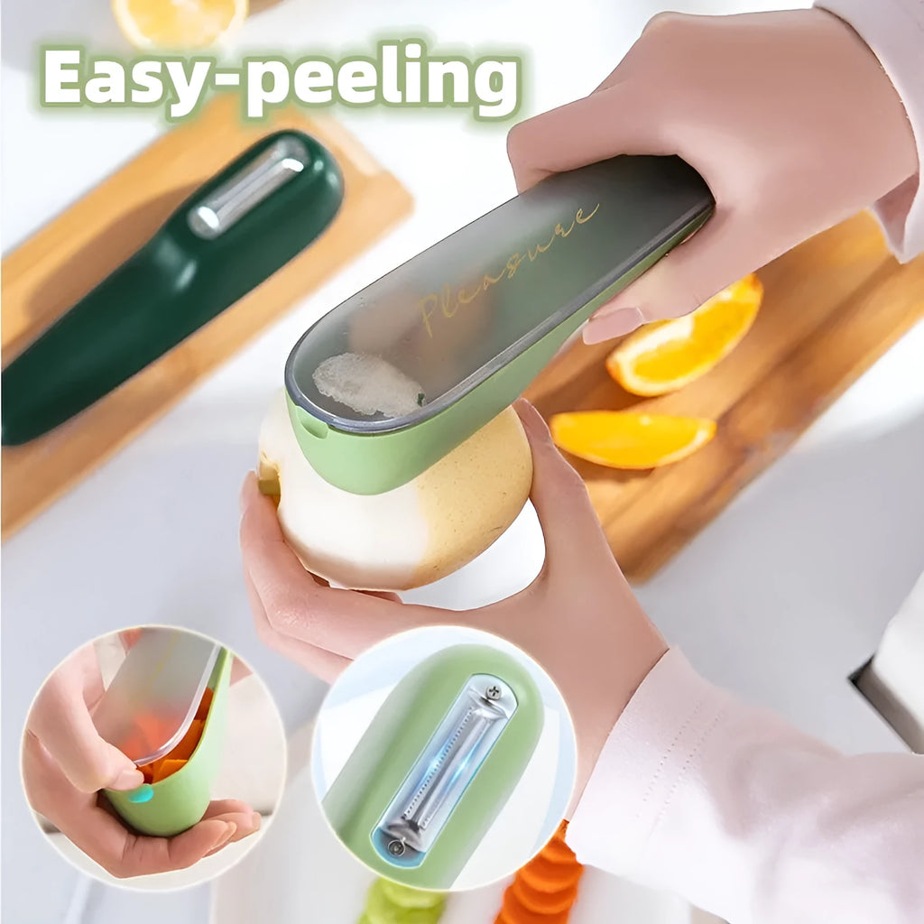 Dark green kitchen peeler with storage tube, non-slip handle, and stainless steel blade on a kitchen counter.