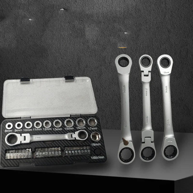 A two-way reversible ratchet wrench set with ten sockets and three screwdriver bits laid out on a surface.