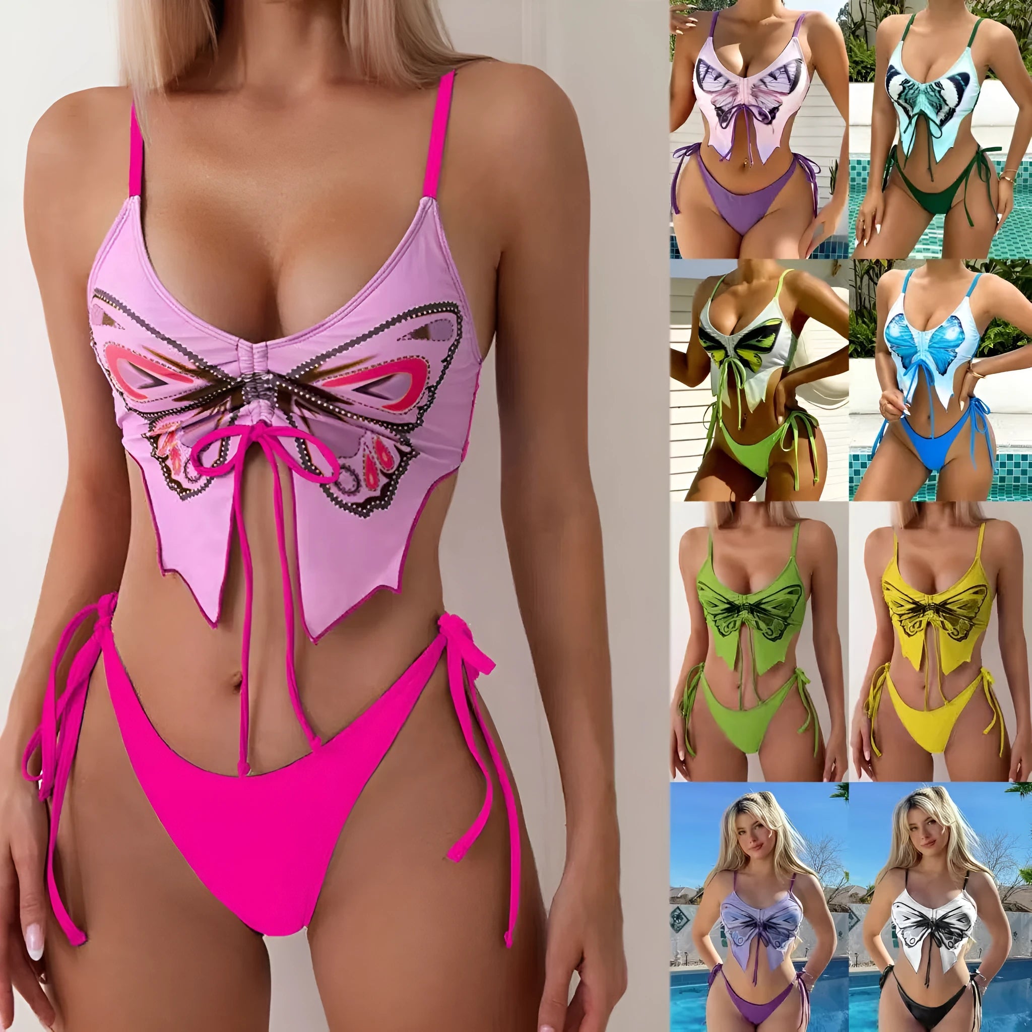 Women's purple bikini set with bow detail and high-leg side split design on briefs