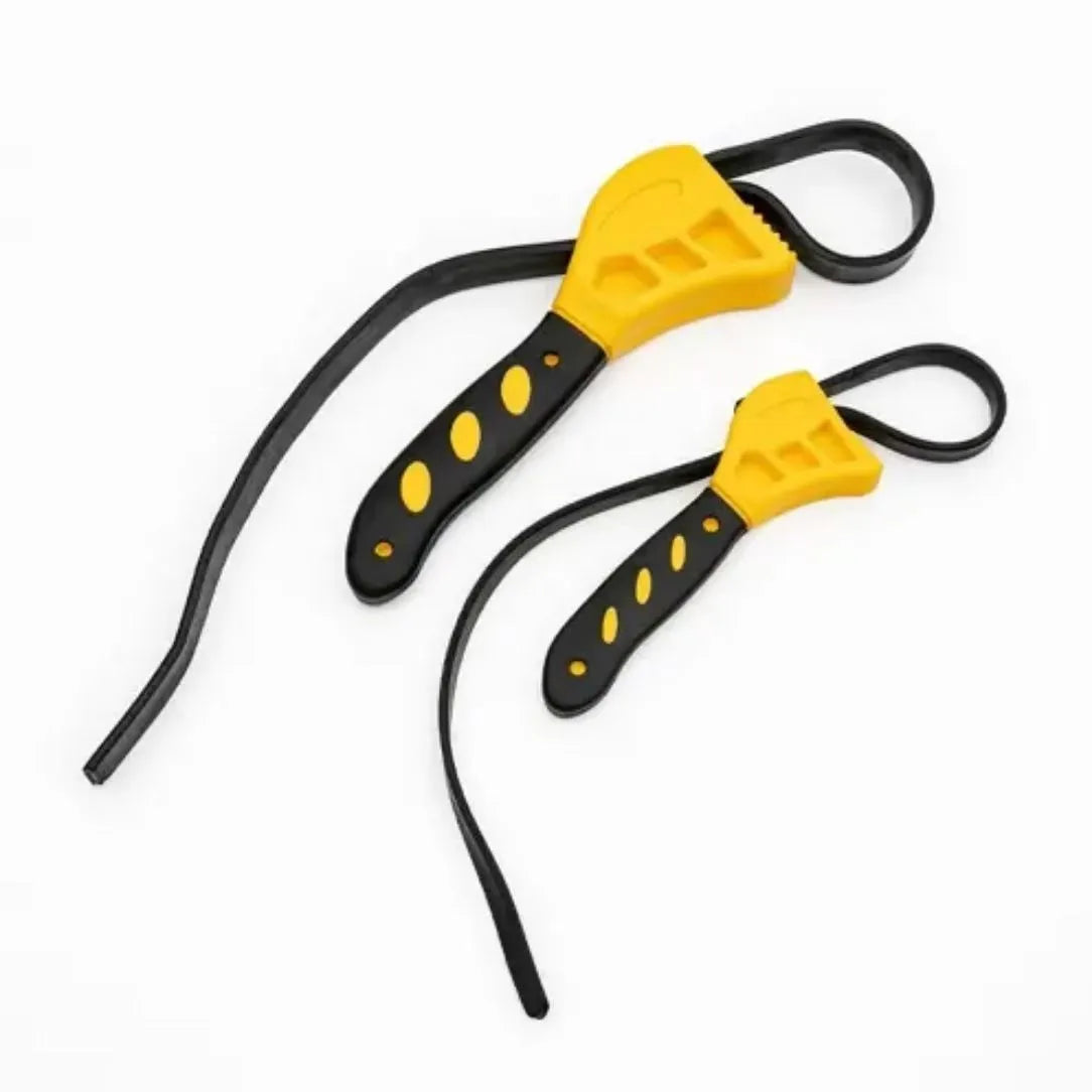 Adjustable strap wrench set with 6-inch and 8-inch rubber bands and a phosphated steel handle on a workbench.