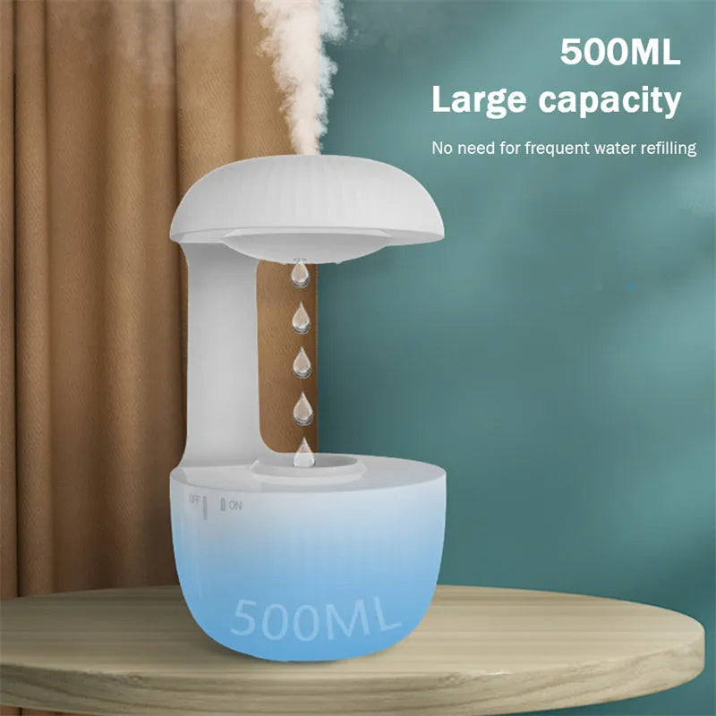 White anti-gravity humidifier showing water droplets levitating upwards from its mist outlet.
