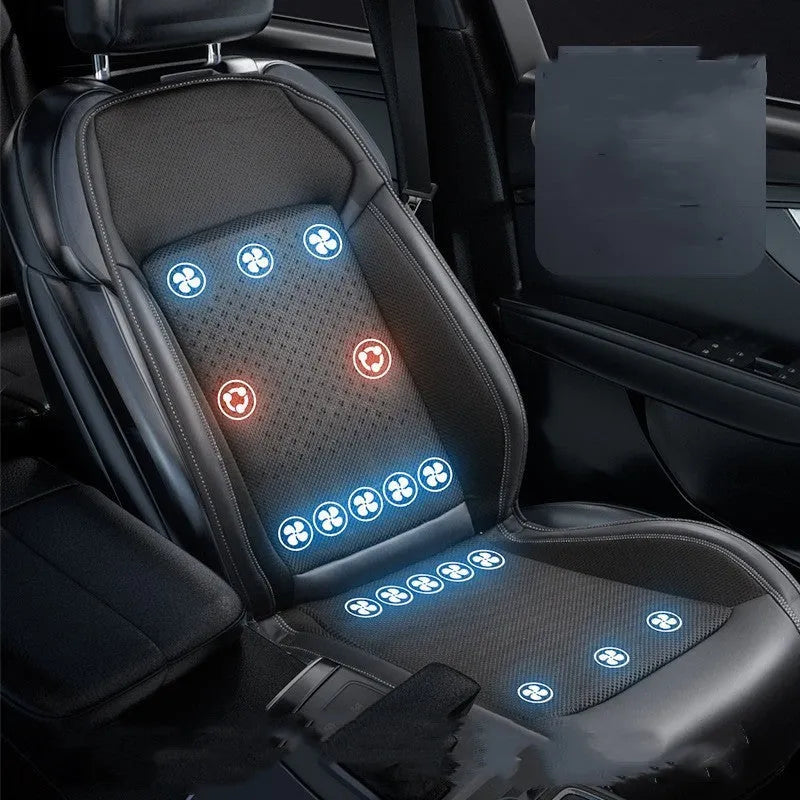 Black car seat cooling pad with USB cable connected for refrigeration and massage functions