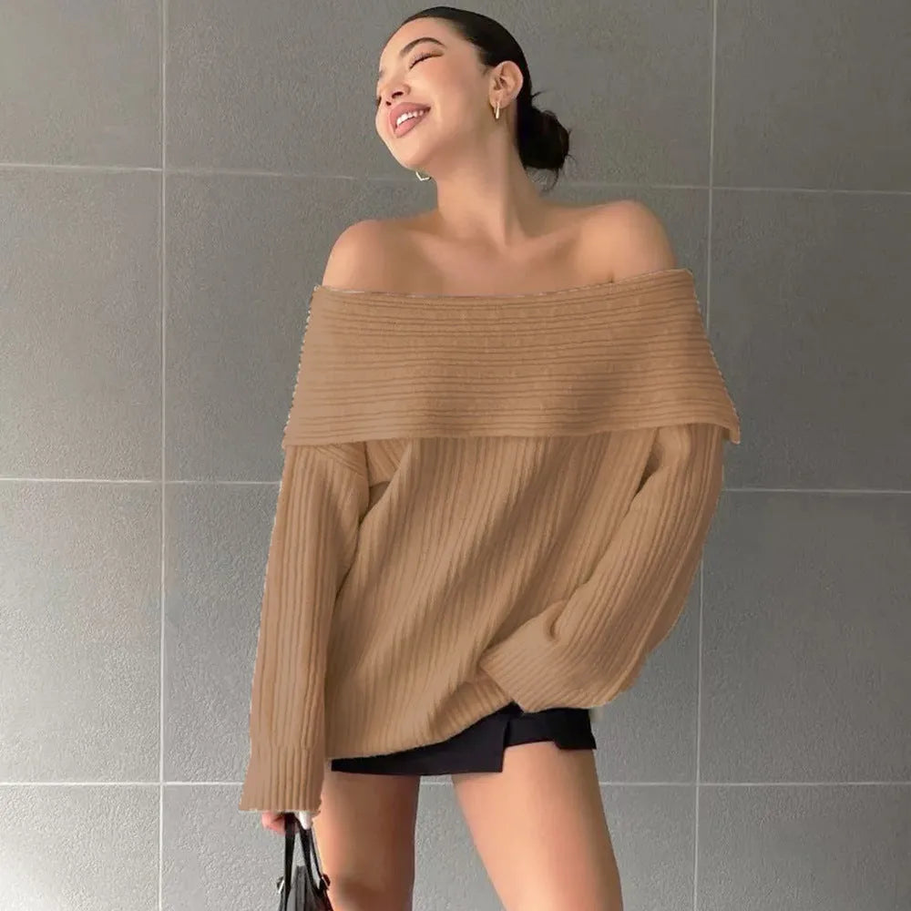 Women's loose fit acrylic off-neck sweater in four colour options showing front and back views