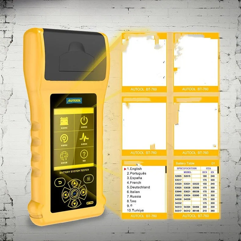 Autool BT760 vehicle battery tester with colour screen and red and black connection clips.