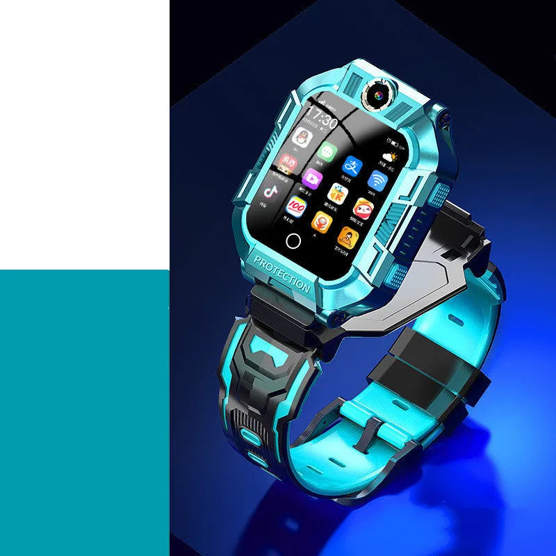 Green children's smartwatch with GPS positioning and camera on silicone wristband
