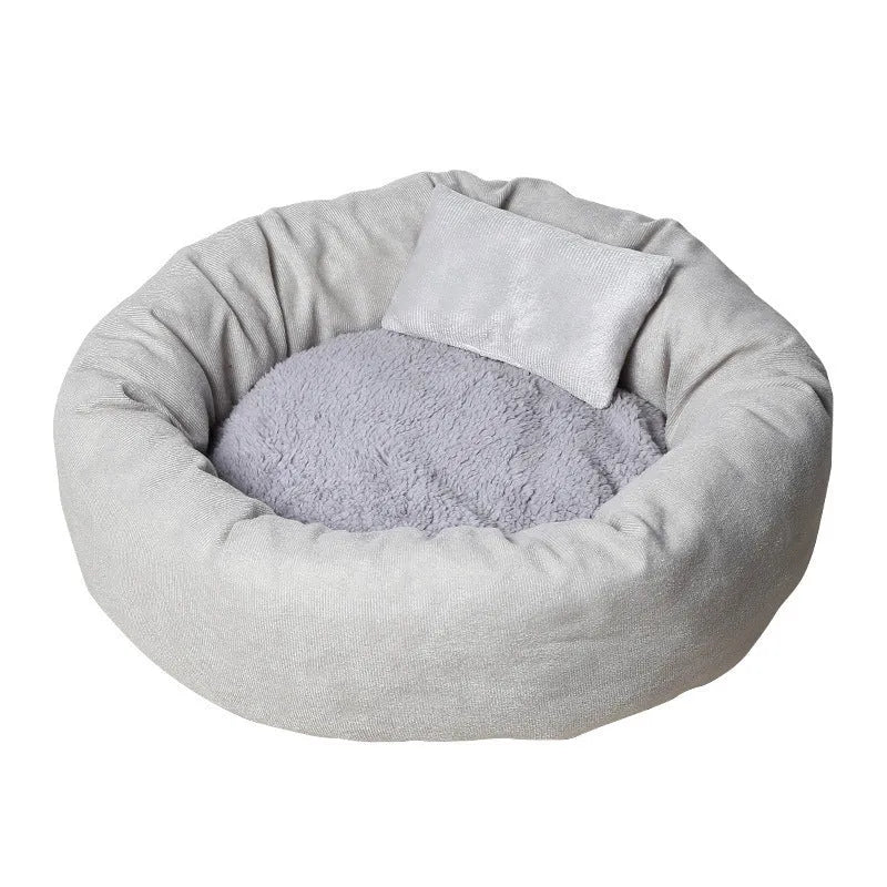 Circular dog bed with PP cotton filling in light grey colour showing measured diameter and optional pillow