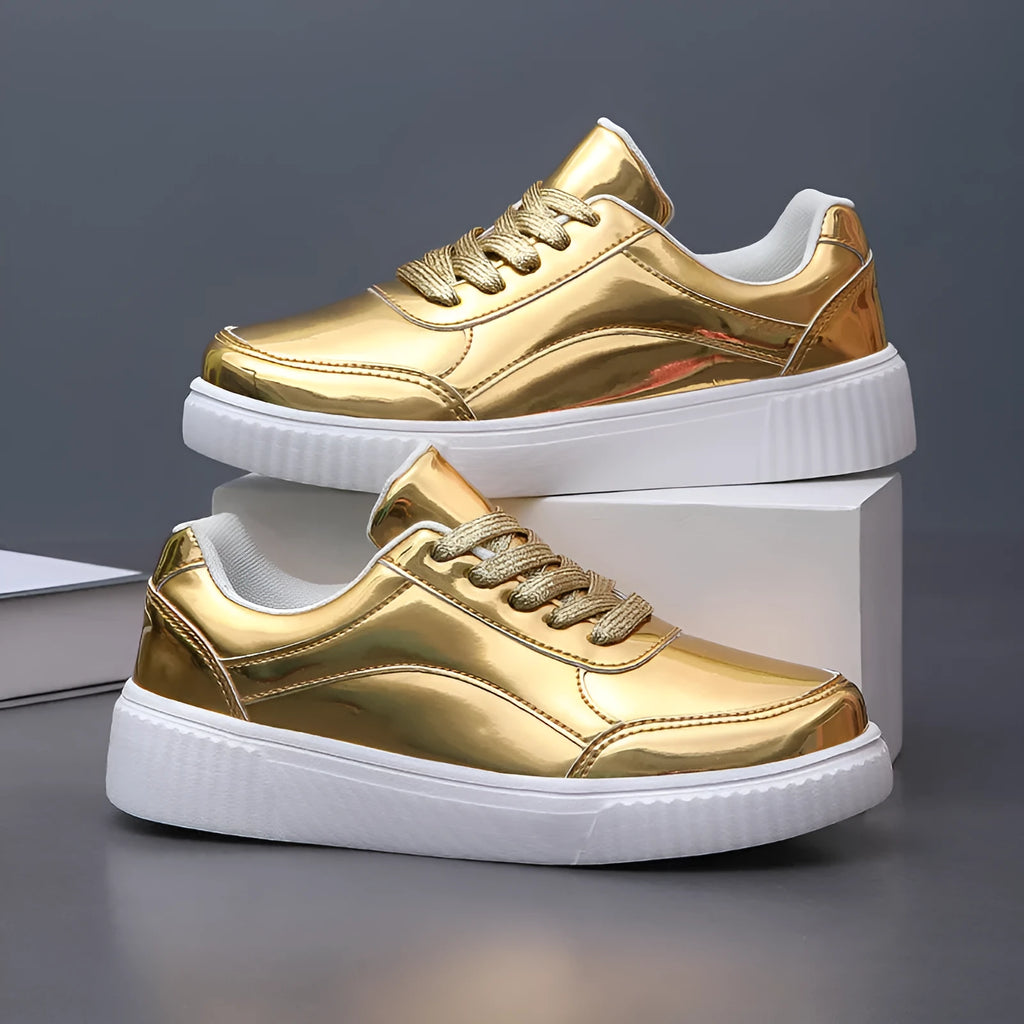 Rose gold glitter platform sneakers with sequin detailing and thick sole