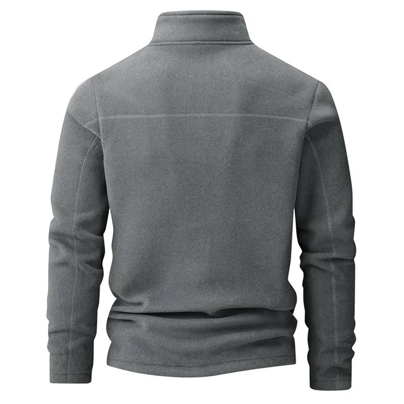 Men's stand collar half-zip long sleeve fleece sweatshirt in loose fit, dark gray polyester