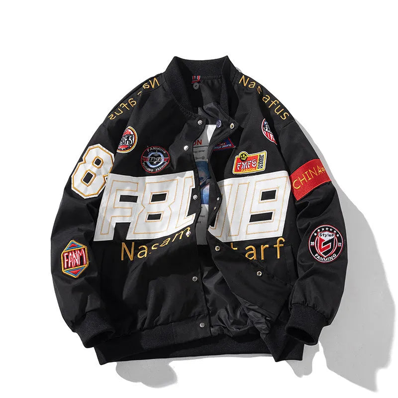 Black loose-fit motorcycle baseball jacket with detachable hood on a hanger