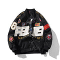 Black loose-fit motorcycle baseball jacket with detachable hood on a hanger