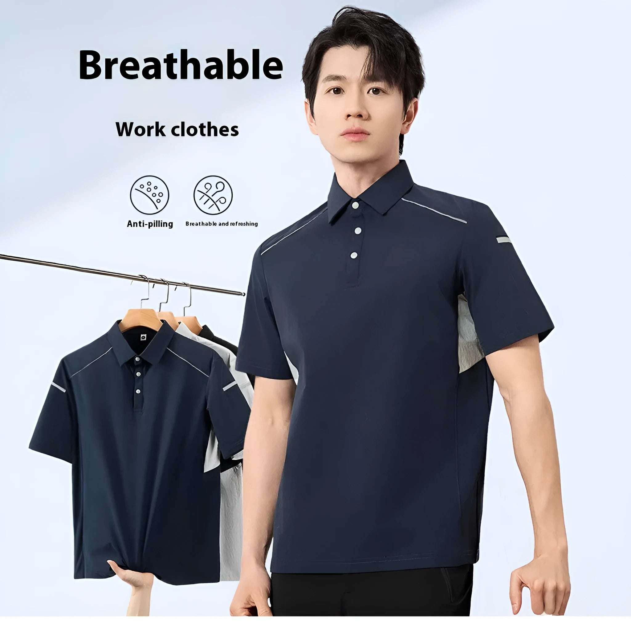 Men's ice feeling quick-dry work shirt in chemical fibre blend fabric, short sleeves, available in three colours
