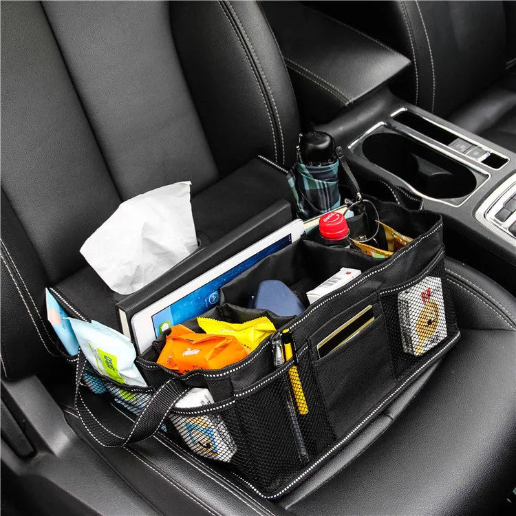 Black Oxford cloth cubic car boot storage box showing dimensions of 33cm wide by 33cm deep by 16cm high.