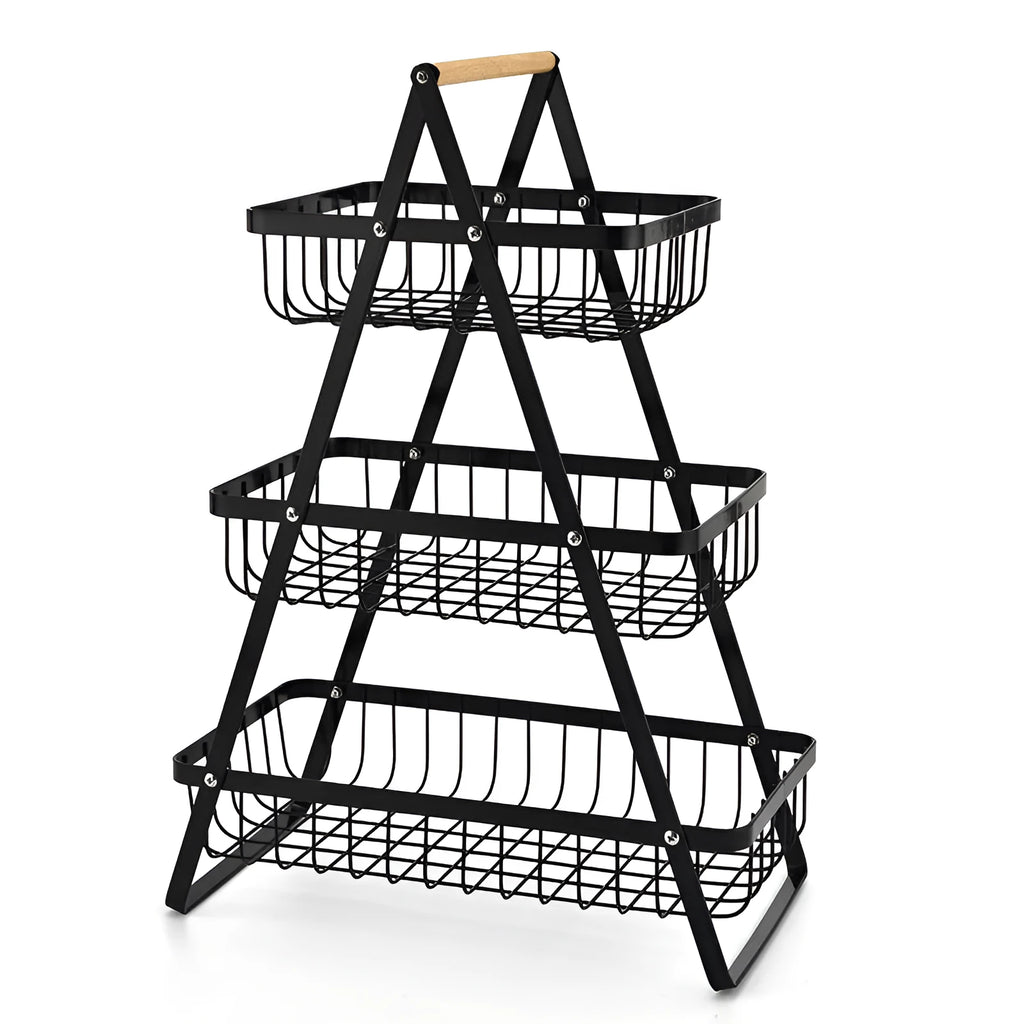 Black detachable iron double-layer fruit basket with wooden handle