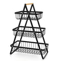 Black detachable iron double-layer fruit basket with wooden handle