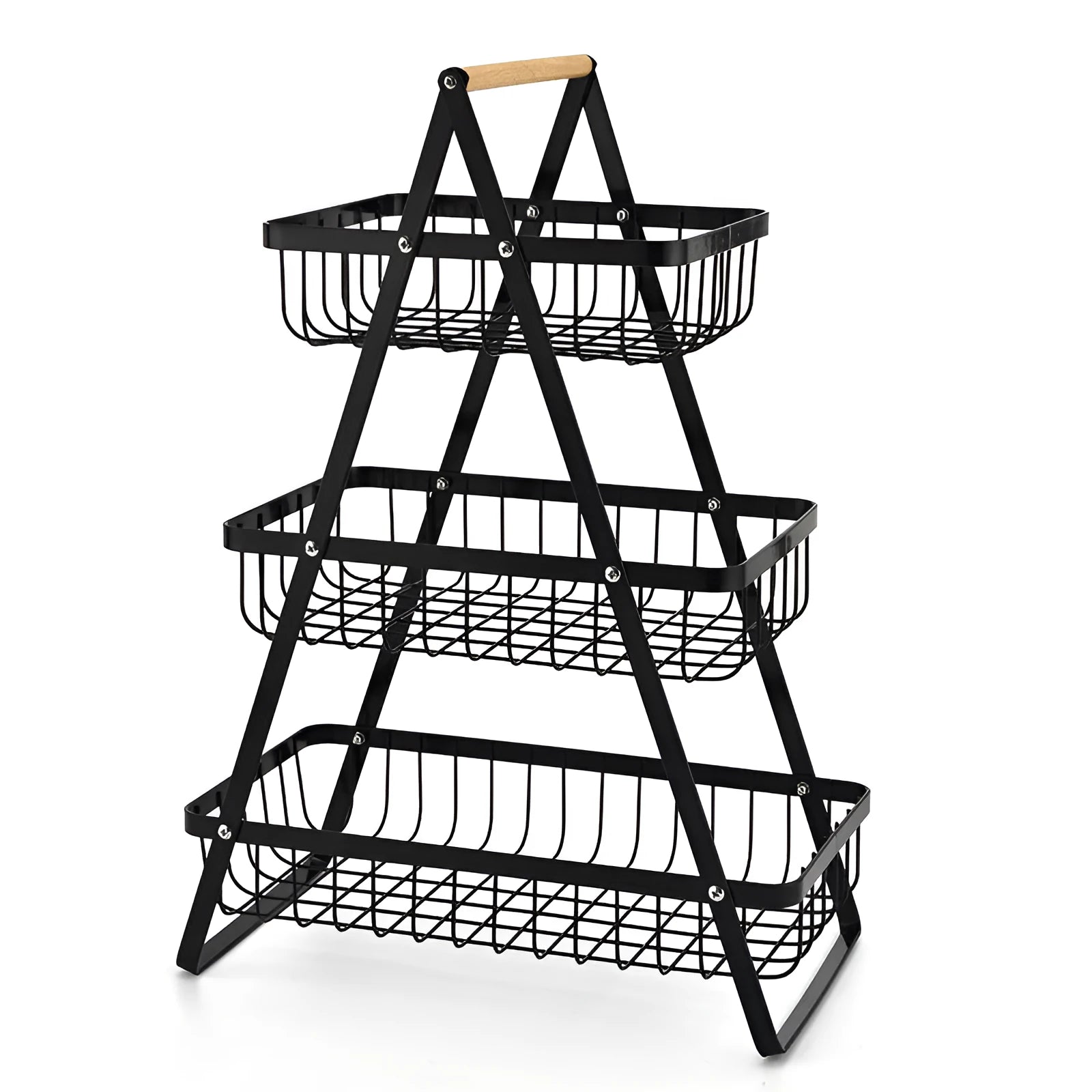 Black detachable iron double-layer fruit basket with wooden handle