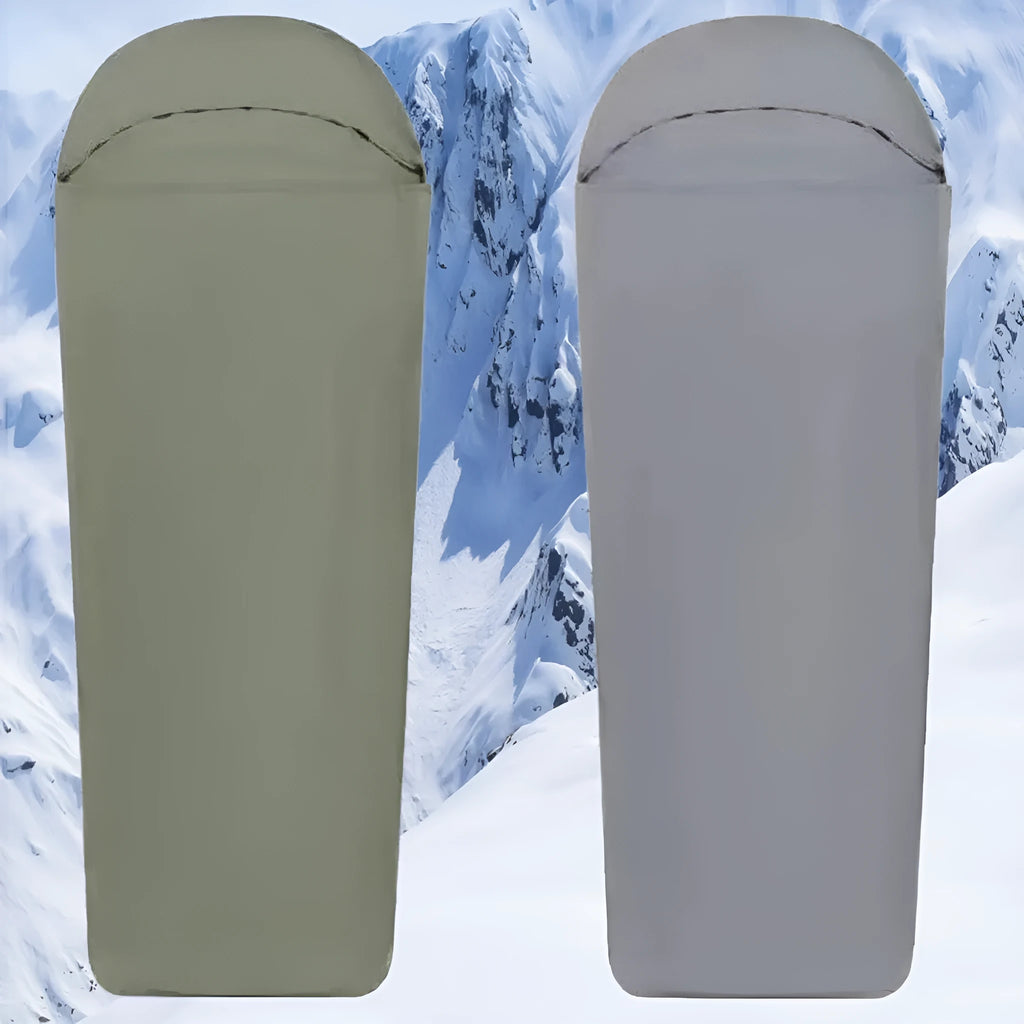 Blue mummy-style nylon camping sleeping bag unrolled, showing tapered shape and matte plaid fabric texture.