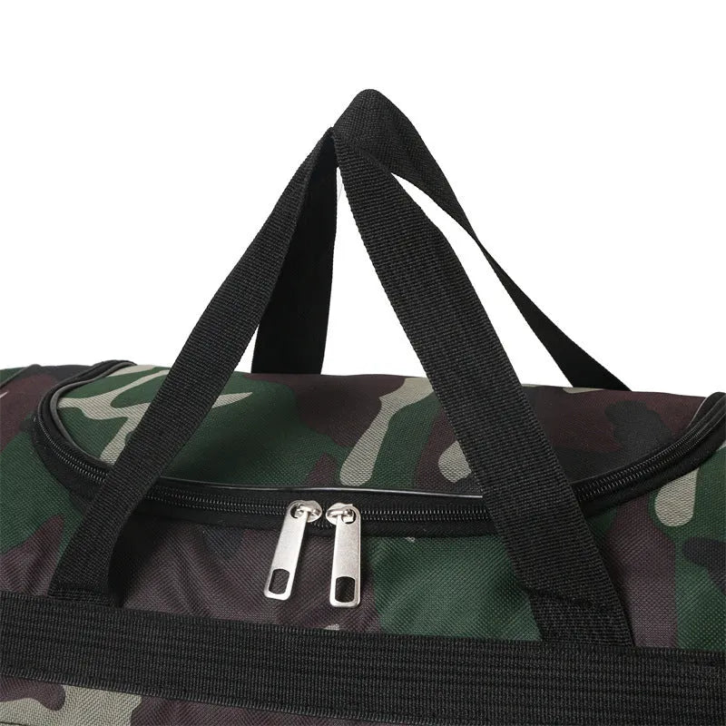 Large camouflage coloured waterproof luggage bag with striped polyester lining.