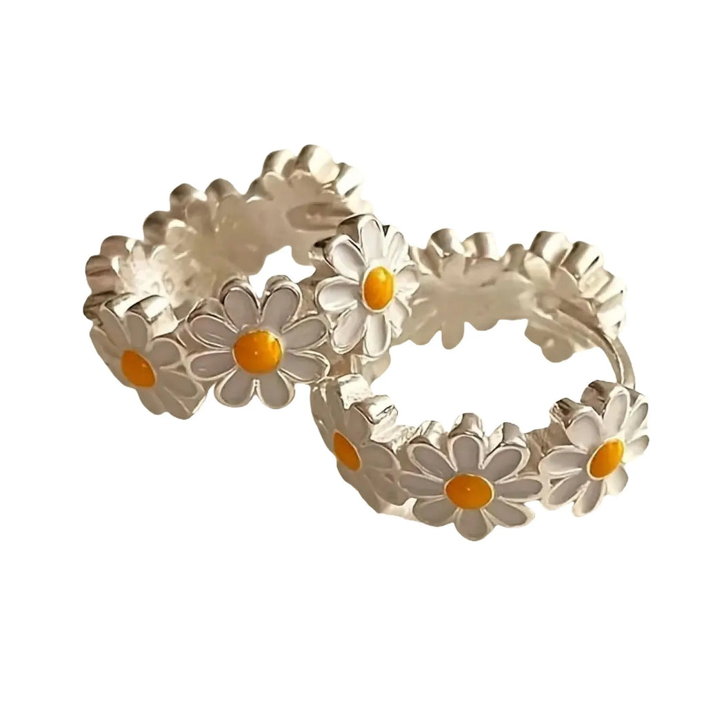 White electroplated daisy flower ring earrings with platinum gem detailing for fashion jewellery wear