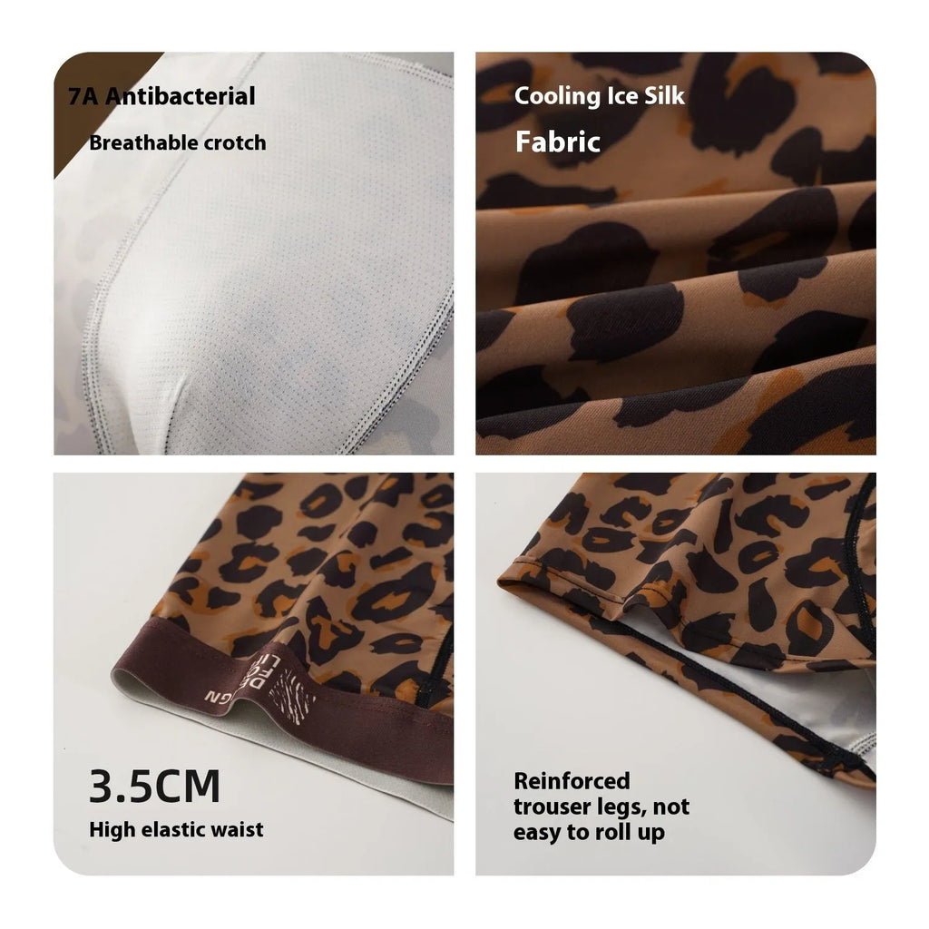 Men's leopard print ice silk underwear in mid waist design with polyester knit fabric