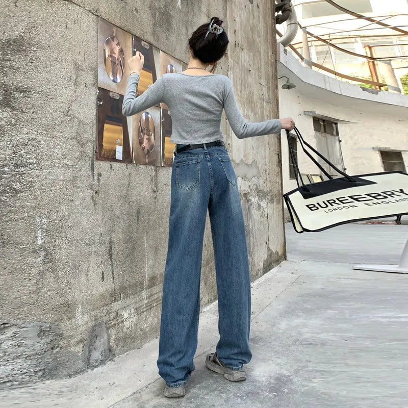 Women's high-waist straight-leg jeans in retro blue denim, shown in cropped, standard, and long lengths.