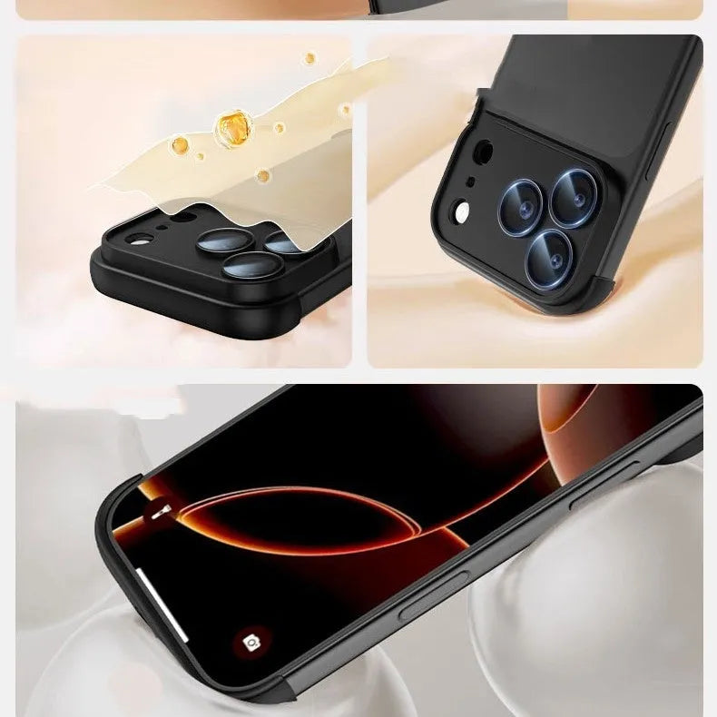 Simple Personality Shell mobile case for iPhone 17 models shown in black, orange, grey, and desert colour options.