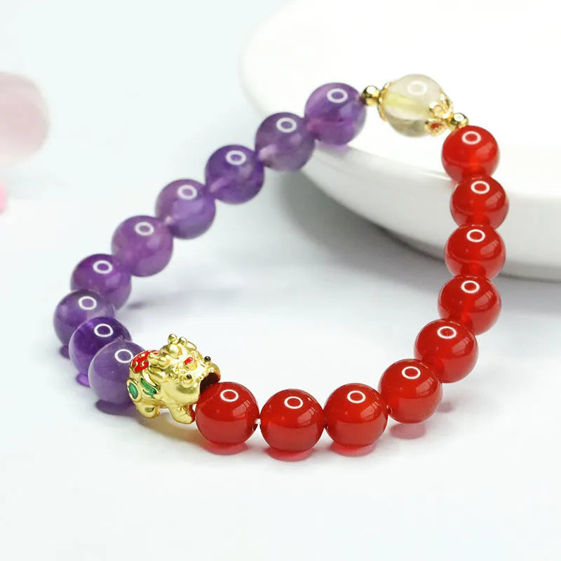 Chinese style bracelet with purple amethyst and red agate 8mm round beads for women