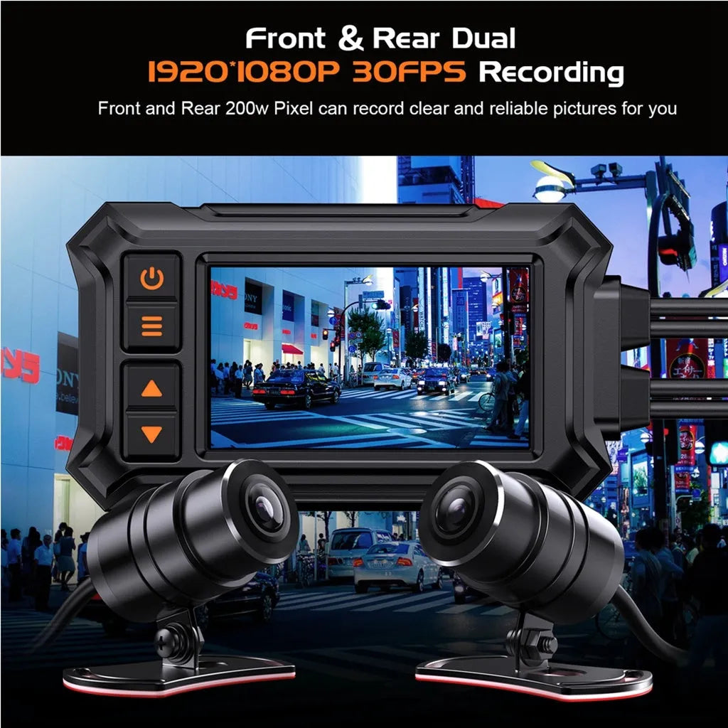 3 inch waterproof motorcycle tachograph dash cam with dual lenses, GPS module, and power cables on a handlebar.