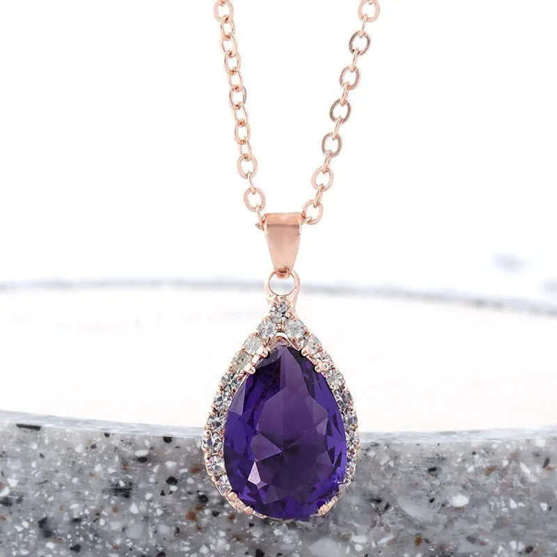 Women's rose gold rhinestone water drop necklace in pink colour with geometric design