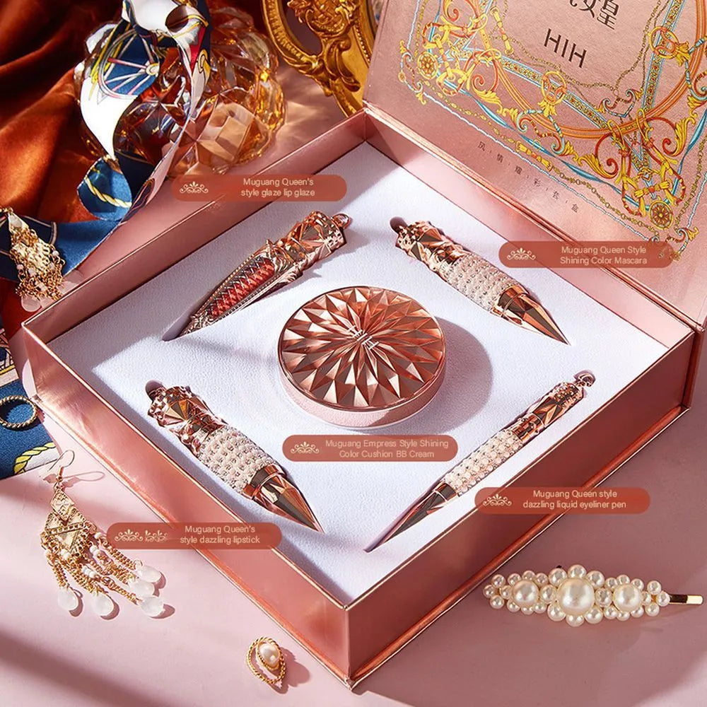 Women's Muguang Queen complete makeup set with lip glaze, lipstick, air cushion BB cream, eyeliner pencil, and mascara