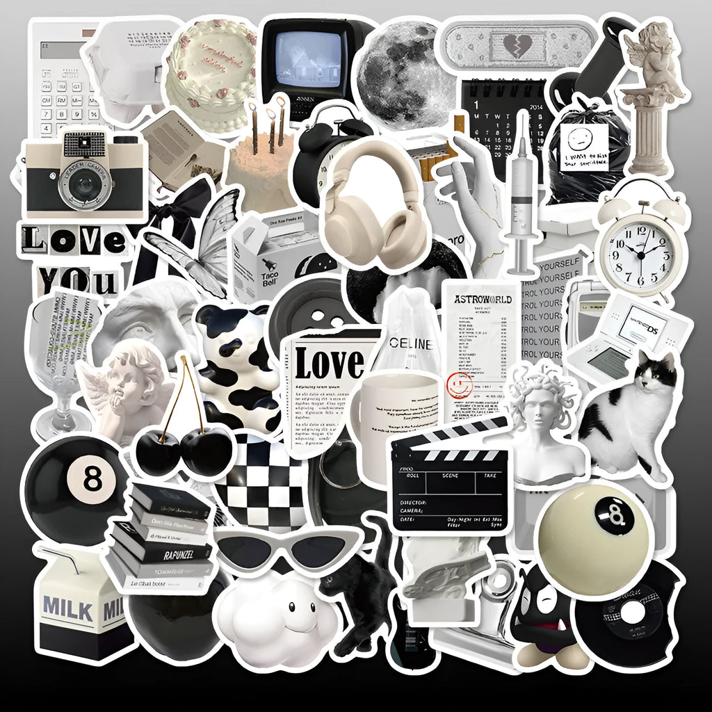 61-piece black and white waterproof PVC sticker set for laptops, phones, and cups.