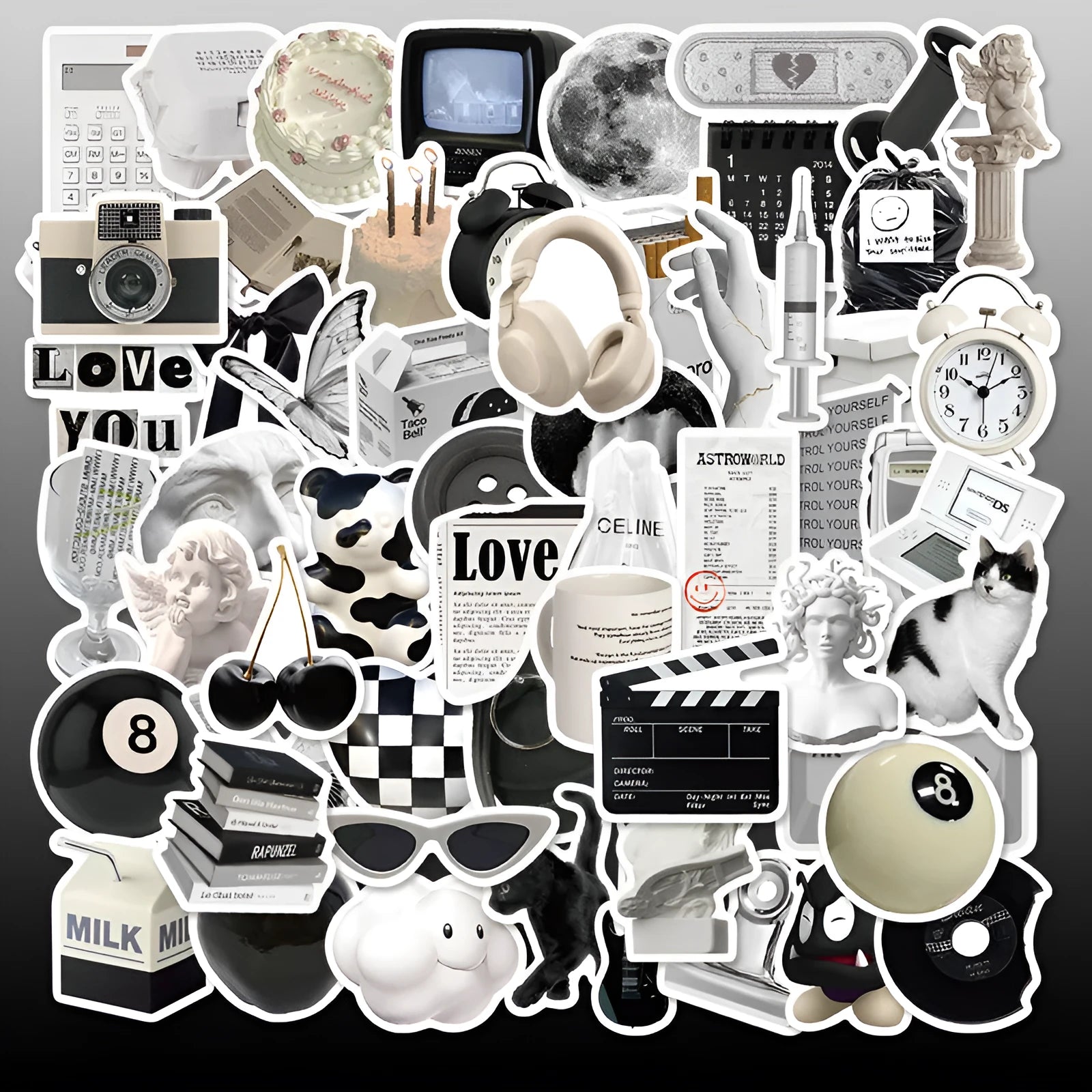 61-piece black and white waterproof PVC sticker set for laptops, phones, and cups.