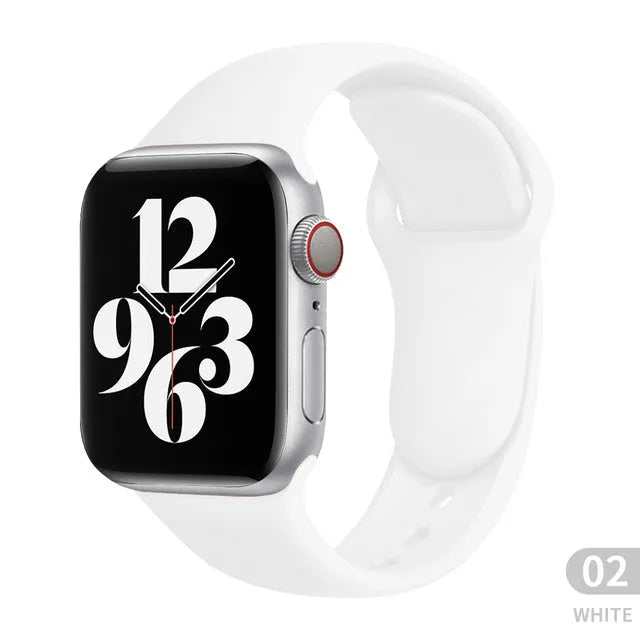 Silicone Apple watch replacement strap in black, shown fitted to a 44mm watch case.