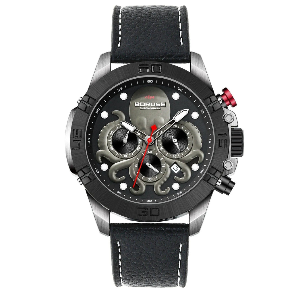 Men's octopus design waterproof quartz watch with luminous display in blue or black colour options