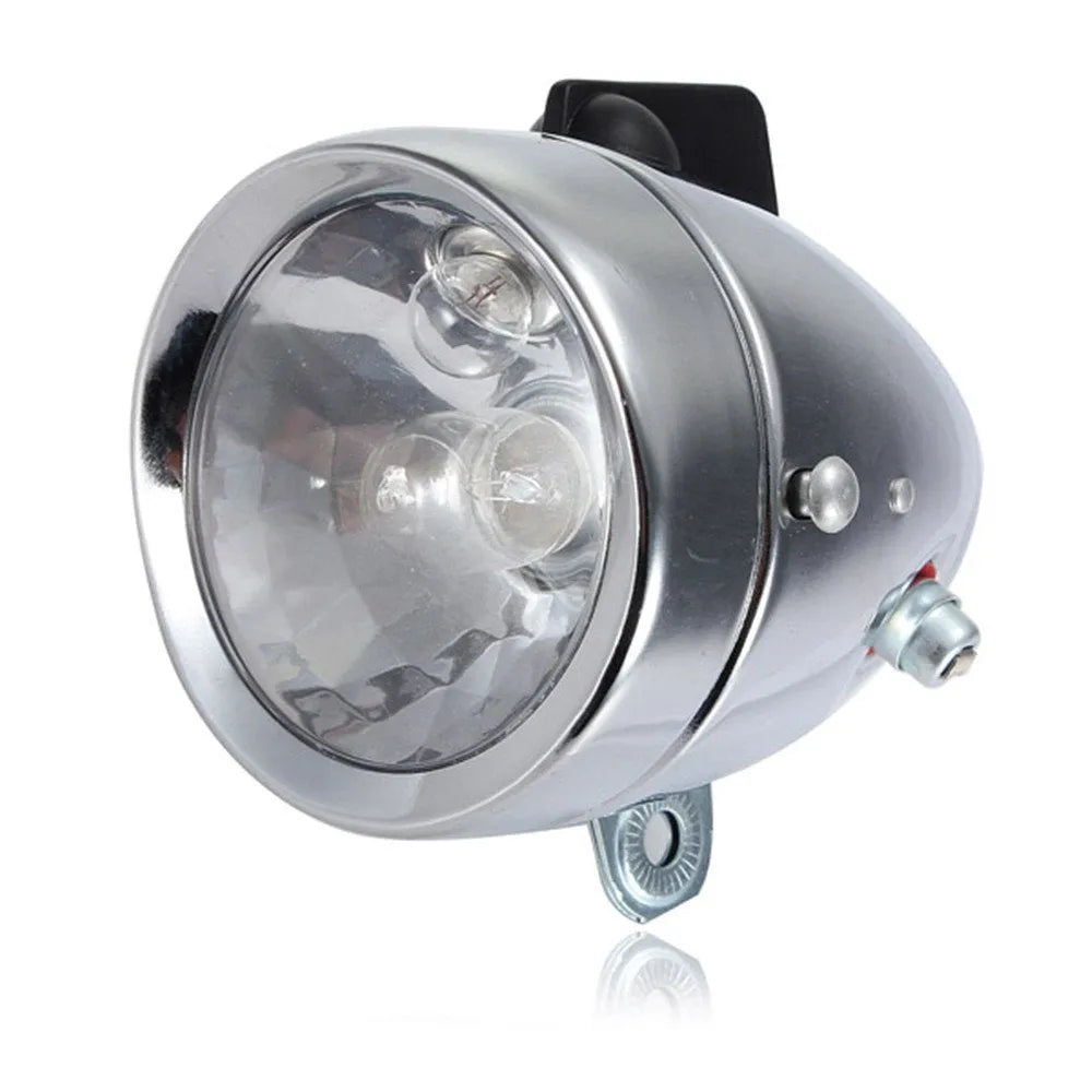 Silver bicycle dynamo generator light modification kit with wiring for headlight and tail light connections.