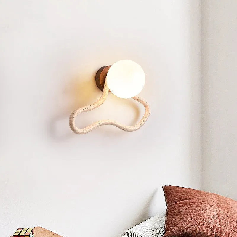 Cream coloured Middle Ancient style bedside wall lamp with travertine glass shade and wood base