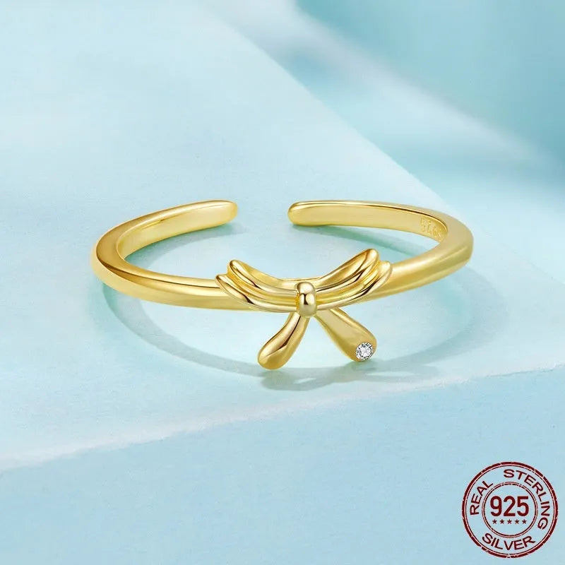S925 sterling silver bow open ring with adjustable opening in silver finish