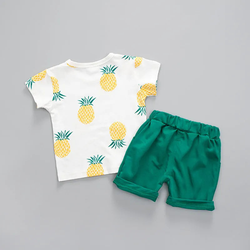 Summer kids cotton short-sleeved T-shirt and shorts two-piece set in pineapple yellow and green