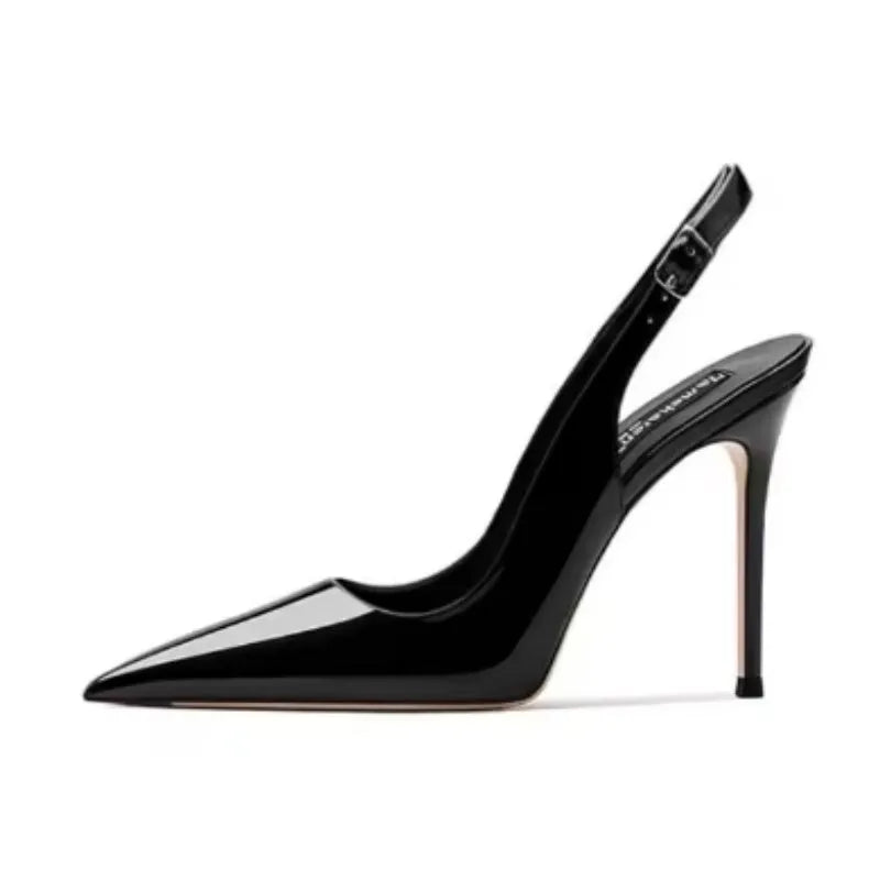 Nude women's high heels with hollow ankle-strap and button fastening.