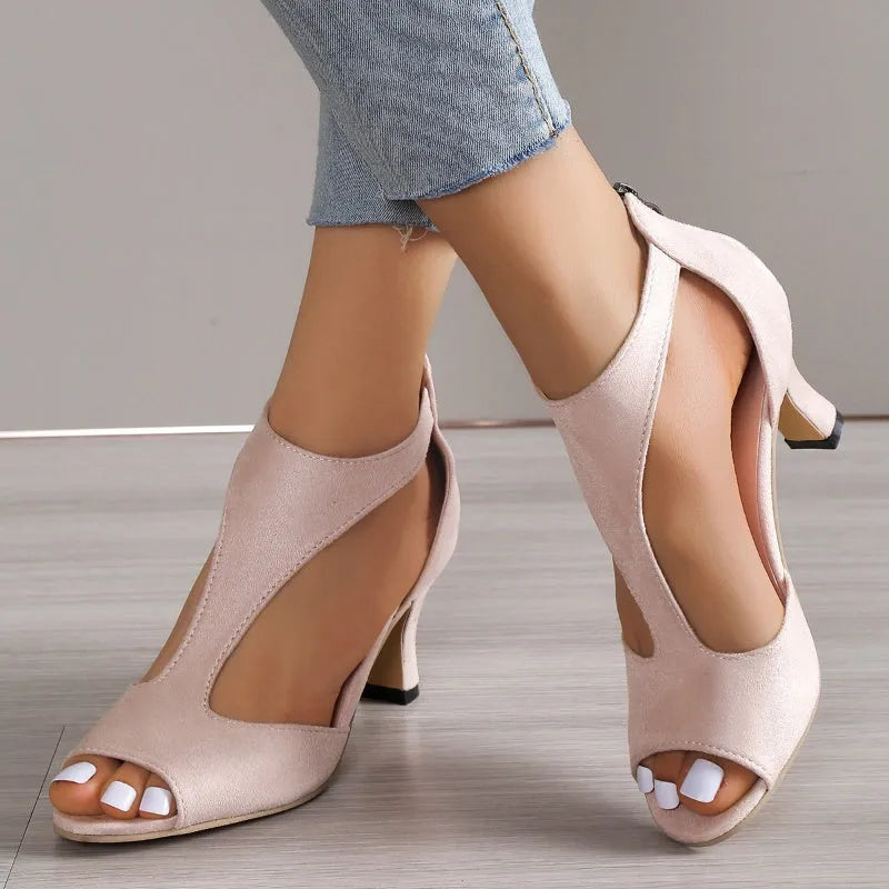 Women's high heel fish beak sandals with back zipper, cloth upper, available in multiple colours