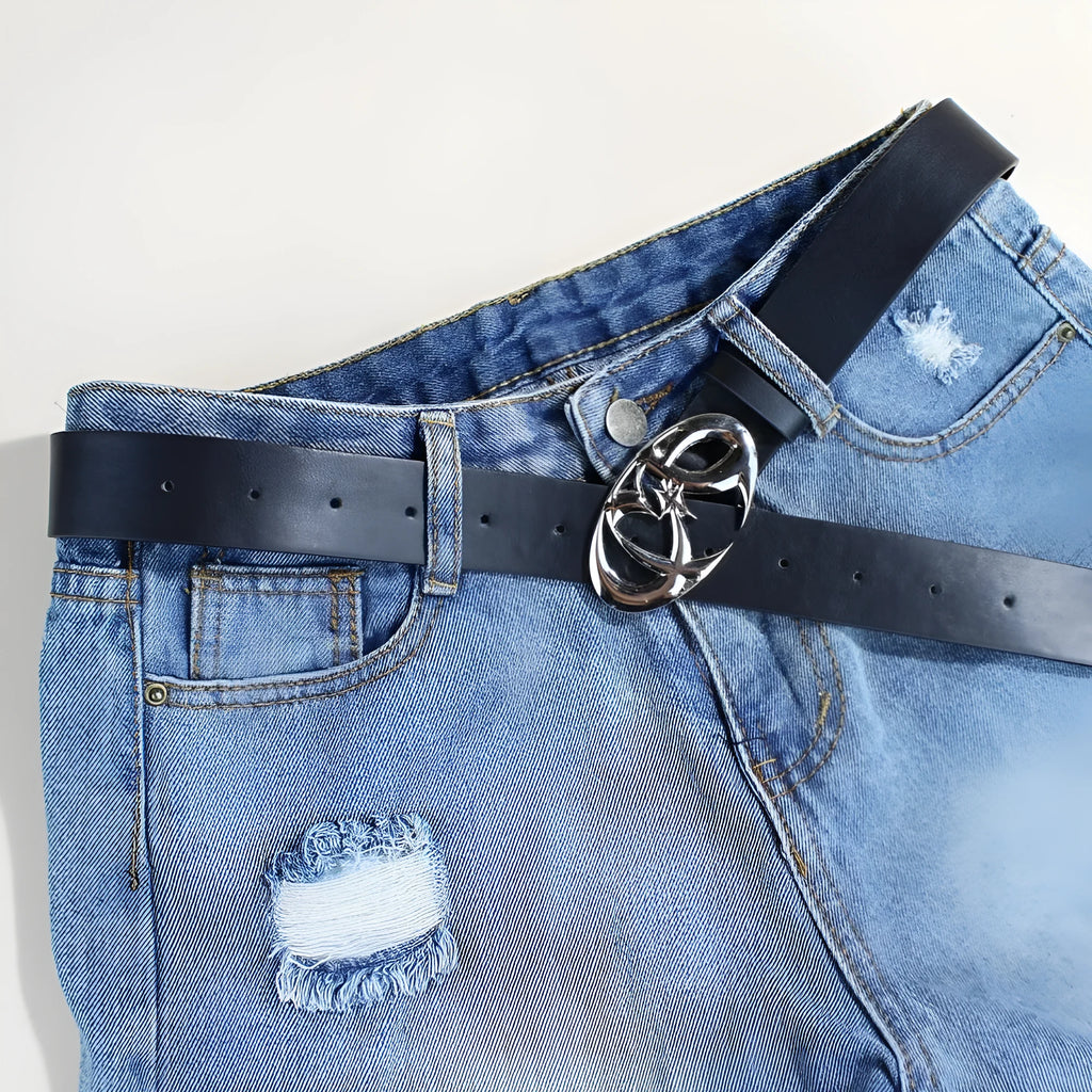 Men's casual silver buckle belt with PU leather strap measuring 105cm long