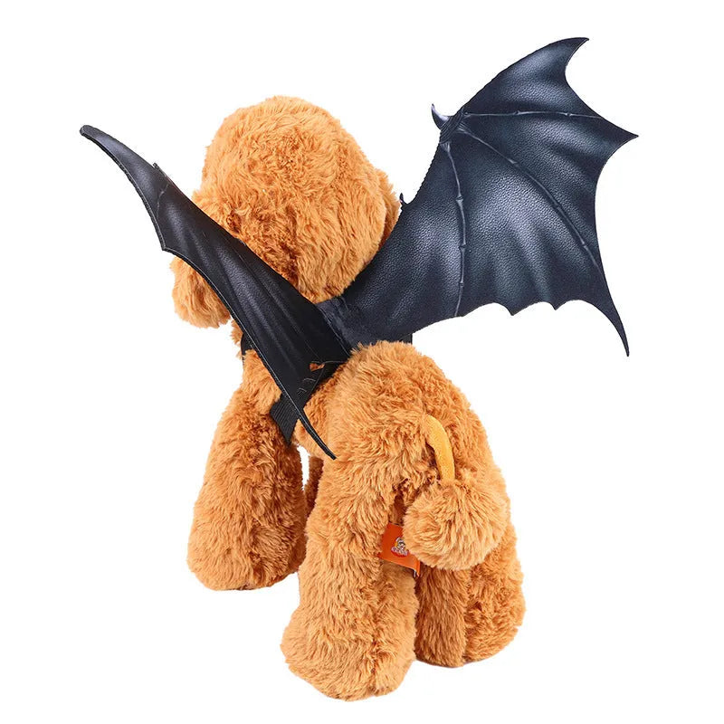Black cloth bat wing Halloween costume for a dog, shown in medium 55cm size.