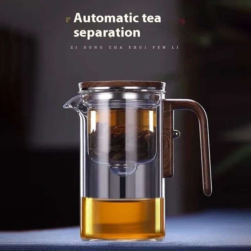 Glass teapot with magnetic separation button, walnut wood handle, and Chinese style design on tea tray