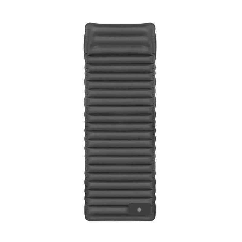 Portable inflatable camping mattress in grey colour options showing expanded size of 195cm length