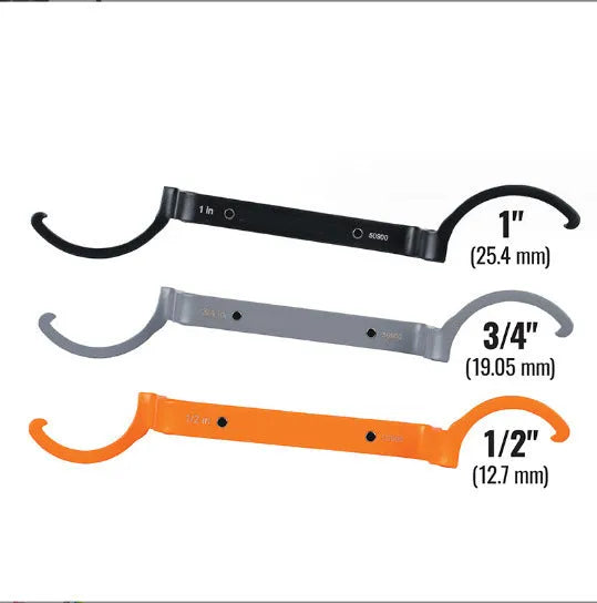 Three magnetic wrenches in orange, grey, and black from the H251 three-piece crescent and catheter locking wrench set.
