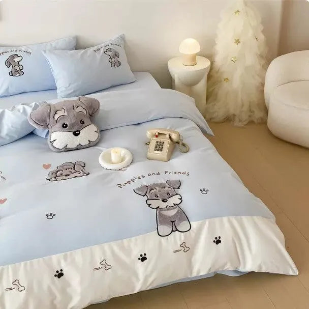 Cartoon Schnauzer dog pattern embroidered cotton bedding set with quilt cover, sheet, and pillowcases.
