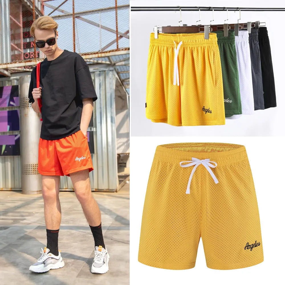 Men's double-layer mesh sports shorts in multiple colours on a size chart background.