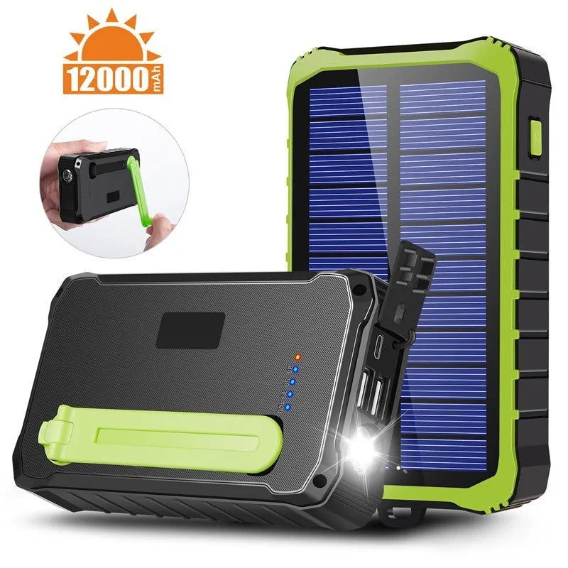Orange and green portable solar hand crank power bank with USB ports and LED light.