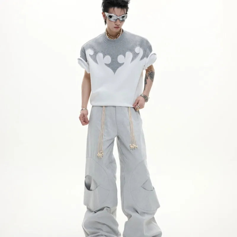 Men's loose grey cotton T-shirt with detailed 3D burnt-flower embroidery and rhinestone decoration on the chest